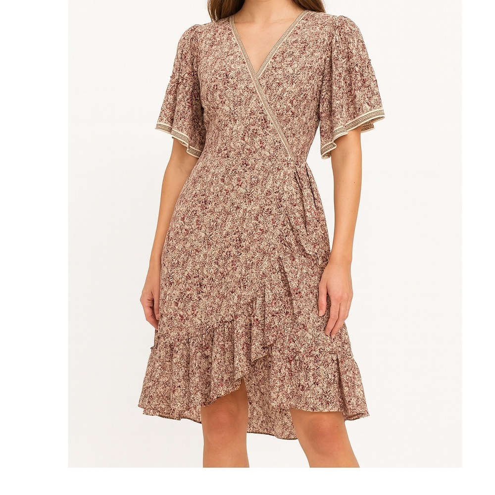 Max Studio Floral Print Wrap Dress Ruffle Trim Short Sleeve Casual Size S